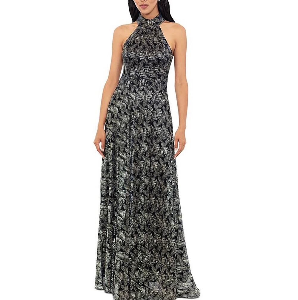 Betsy & Adam Blue and Gold Evening Gown Metallic A-Line Long Halter Dress Size 4